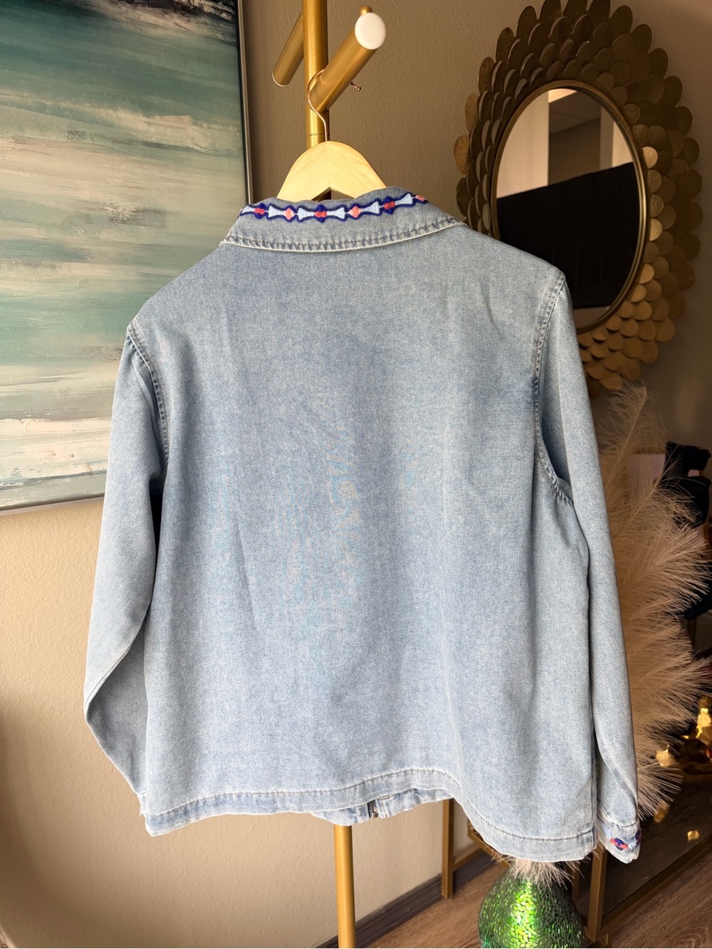 NWT Adore XL Embroidered Zip Front Denim Jacket Floral Statement Blue Boho - Picture 2 of 15